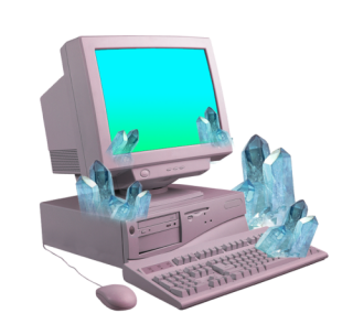 An old-school pc with crystals growing from it.